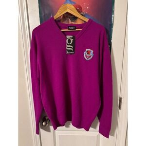 Glenbrae Mens V Neck Golf Sweater Purple Crest Logo Long Sleeve Knit Size M